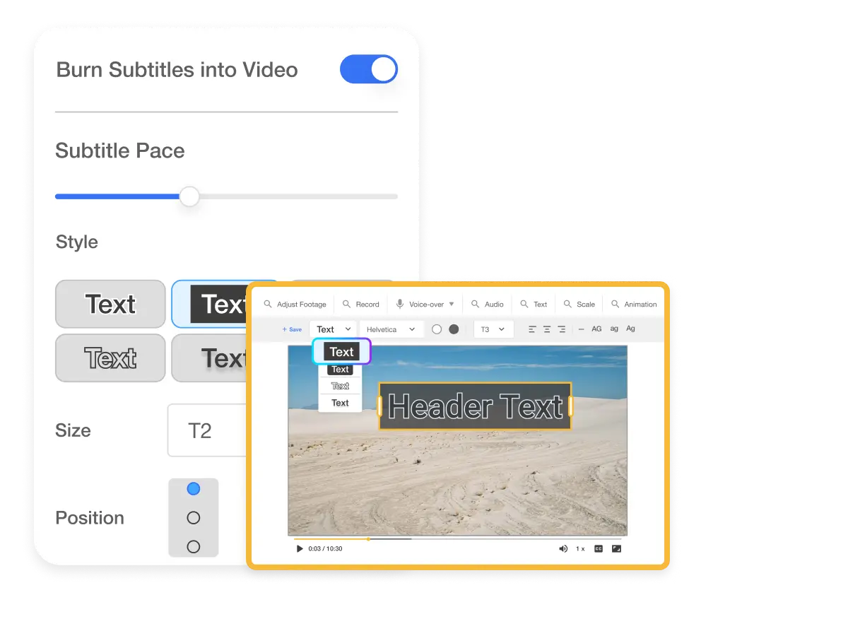 AI Video editing tools - Interface showing AI-Generated Subtitles feature for creating accurate, synchronized subtitles, enhancing accessibility for non-native speakers and the hearing-impaired.